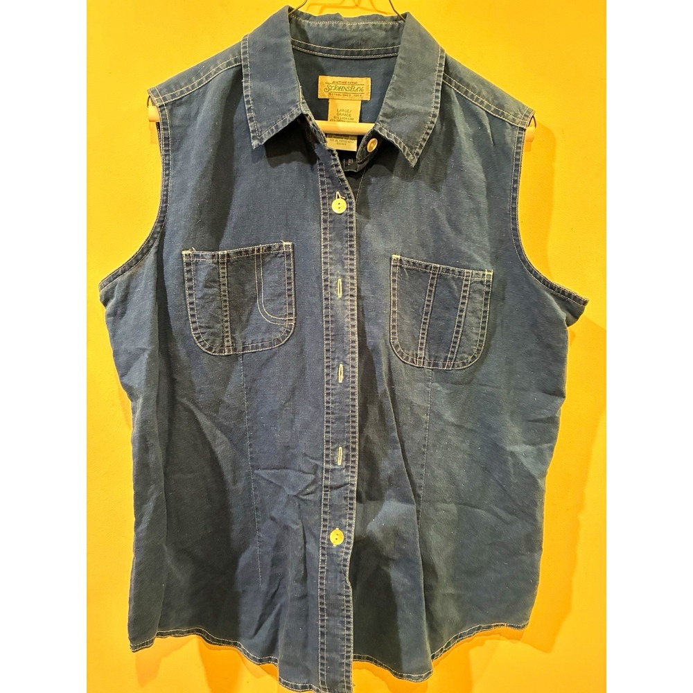 St. John's Bay L Women's Blue Denim Sleeveless Collared Button-Front Shirt